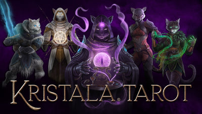 six magic warrior cat illustrations from the kristala tarot deck with kristala tarot single-line golden logo underneath