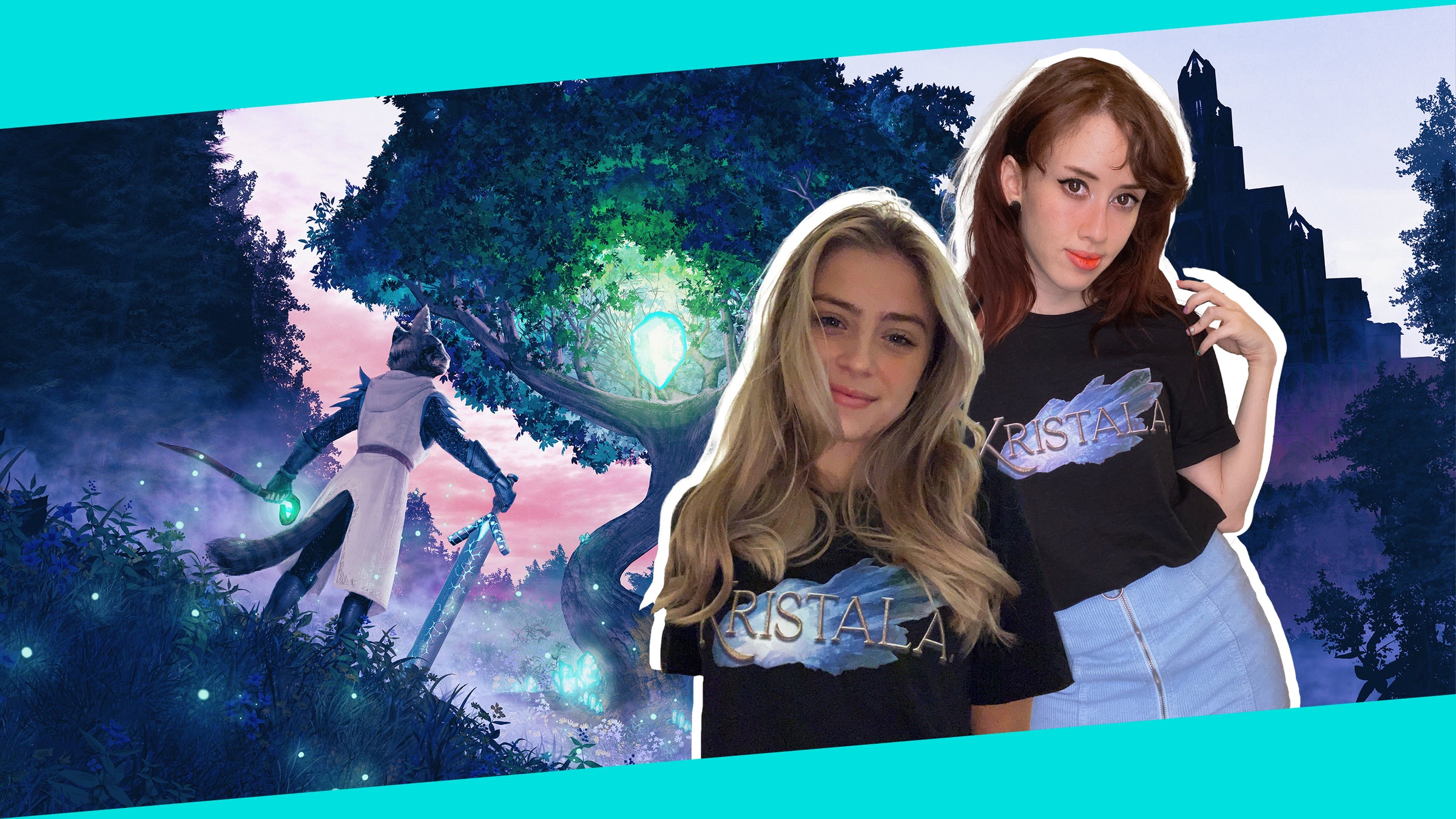 homepage banner showcasing two young women modeling kristala dark fantasy illustration t-shirts featuring the kristala game logo on the front and game illustrations on the back with hopeful kristalan illustration behind