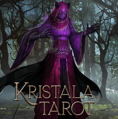 kristala tarot collection inaze the cardkeeper illustration and golden kristala tarot logo atop dark fantasy video game illustration background