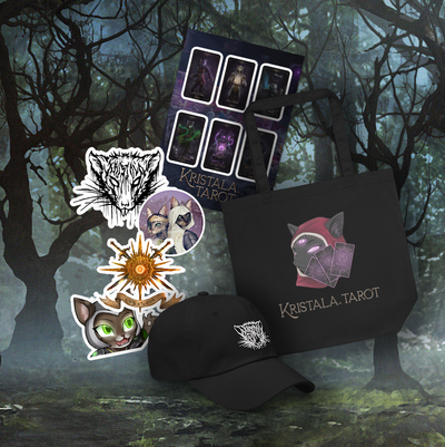 various stickers, hats, bags, and other accessories featured in the dark fantasy video game kristala merch shop game illustration background