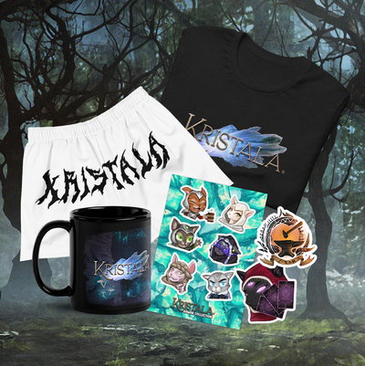 various clothing, accessories, drinkware, and art and decor featured in the kristala game merch shop on a dark fantasy illustration background