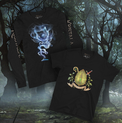 black short-sleeve kristala logo tee and other clothing and apparel items featured in the kristala merch shop atop dark fantasy video game illustration background