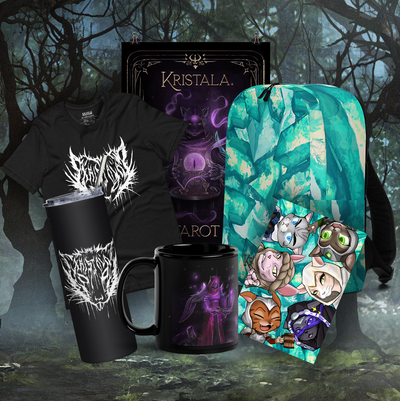 t-shirts, backpacks, posters, drinkware, and stationary from the kristala cursed collection and kristala  tarot collection, two featured collections in the kristala merch shop dark fantasy illustration background