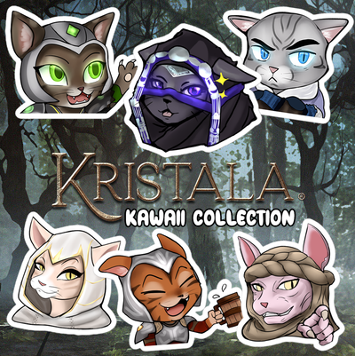six kawaii kristalan vinyl stickers that are part of the kristala kawaii collection surrounding the kristala kawaii collection logo atop dark fantasy indie game illustration background