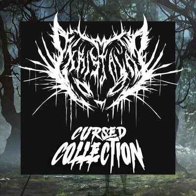 white kristala x metal cursed collection cat logo above alternative white cursed collection font atop black square with dark fantasy game illustrations background