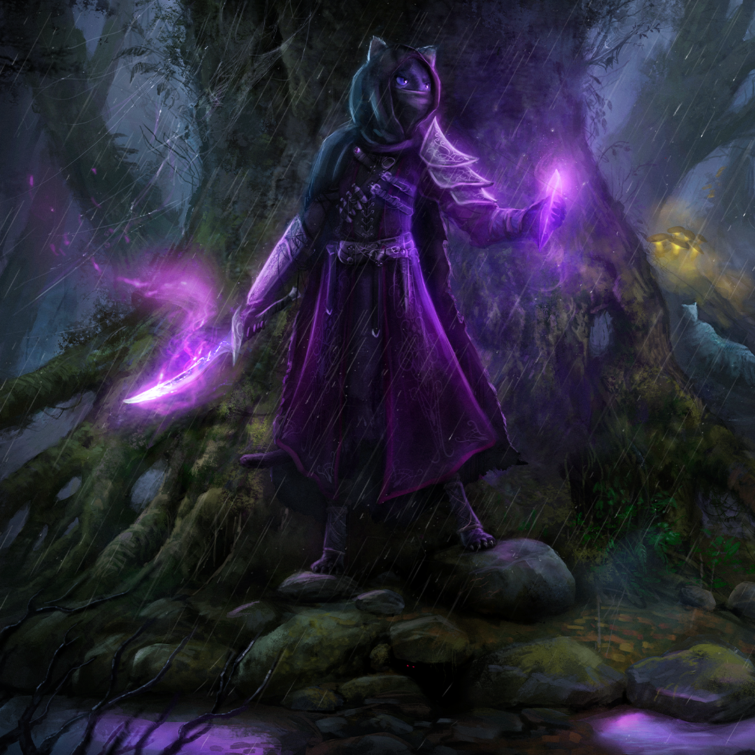 illustration from dark fantasy arpg kristala showcasing npc levida in a side quest holding a magic sword and magic talisman and exploring the dark ailuran forest