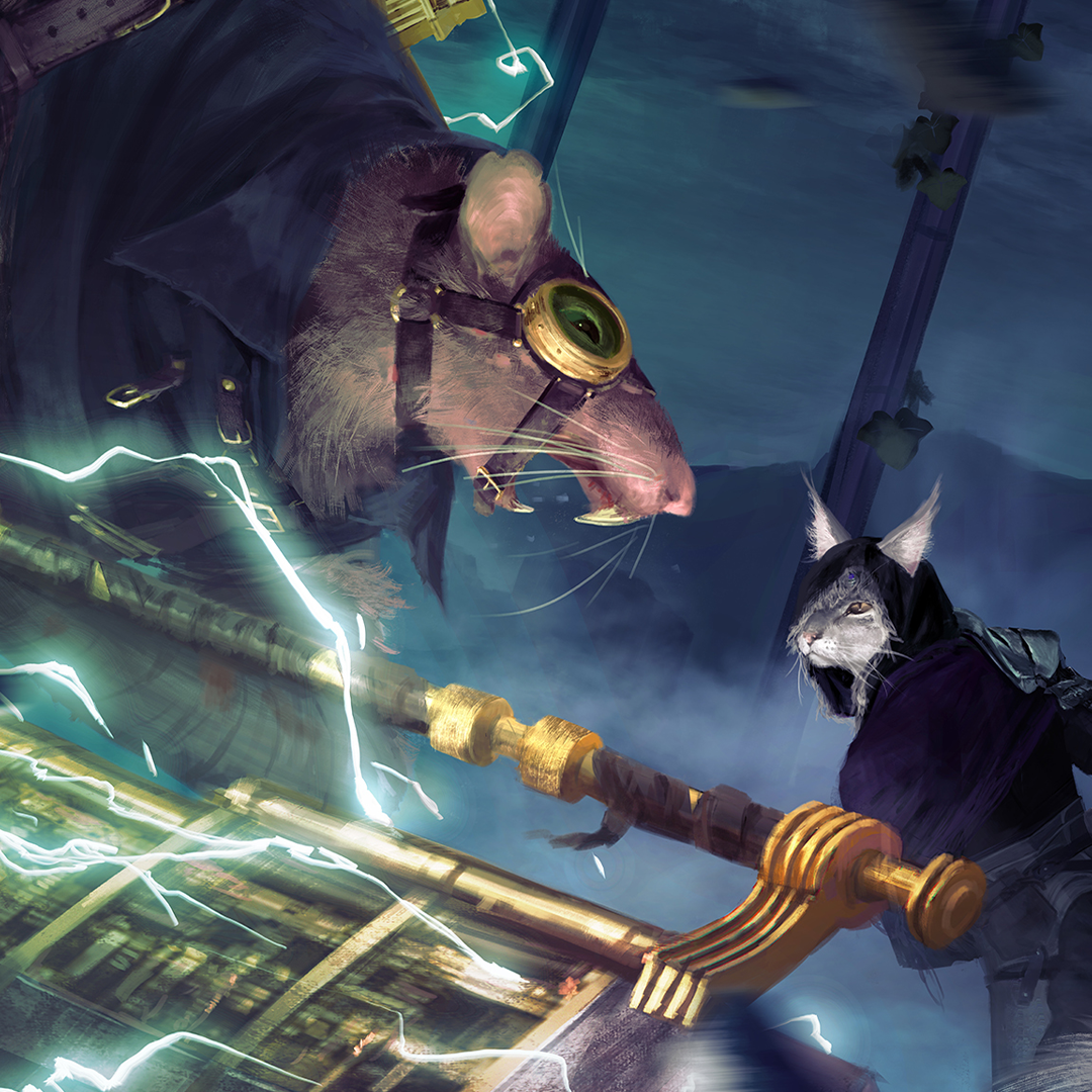 illustration from dark fantasy action rpg kristala showcasing a magic feline warrior battling a giant rat boss holding an electric sword weapon