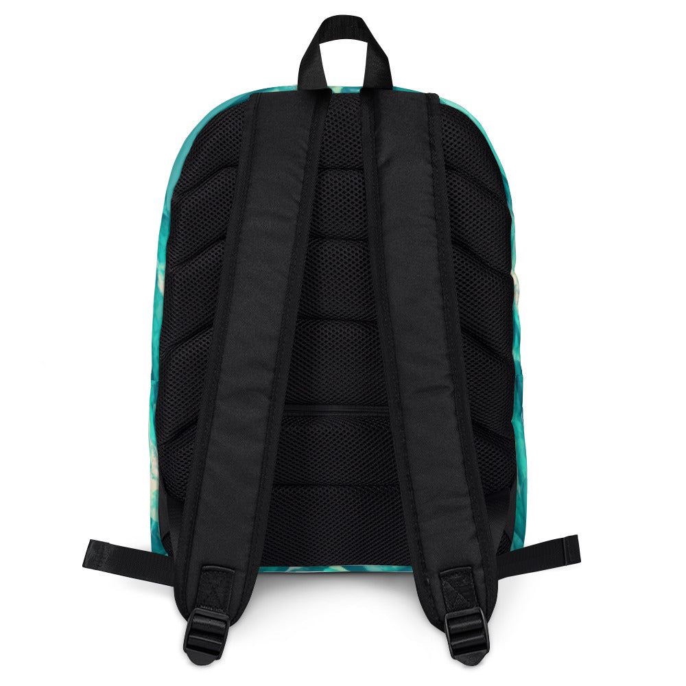 back view of all-over teal blue crystal patterned backpack part of the kristala kawaii collection black back black straps white background