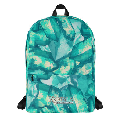 head-on view of all-over teal blue crystal patterned backpack with the kristala game kawaii collection logo across the bottom black straps white background