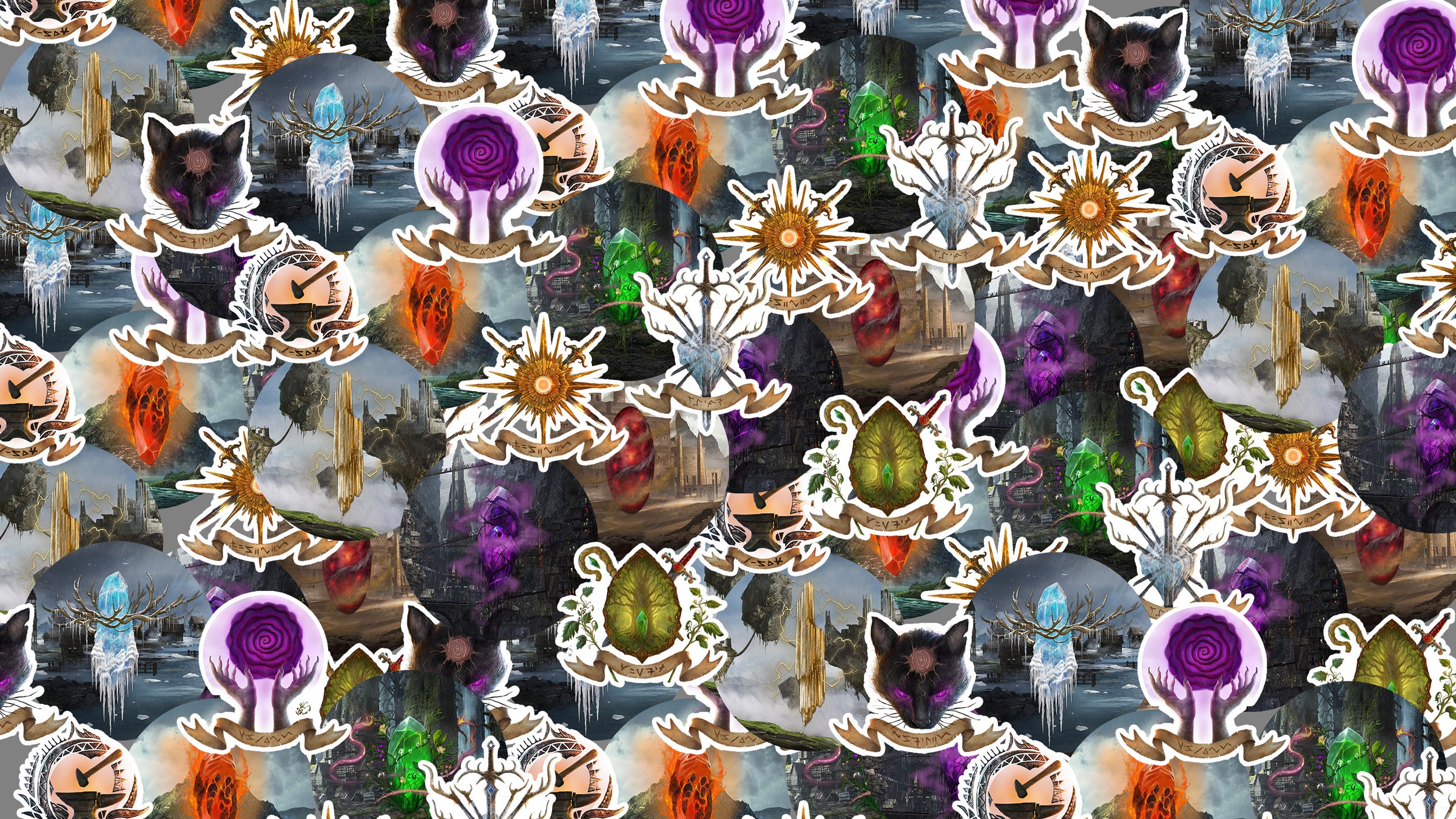 homepage banner featuring dark fantasy arpg kristala clans of kristala clan crest stickers laid out in a large collage with many copies of each
