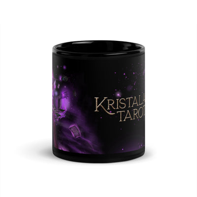 head-on front view of black ceramic coffee mug tea or tea mug with glossy finish and kristala tarot golden logo and inaze the cardkeeper tarot card spread graphic
