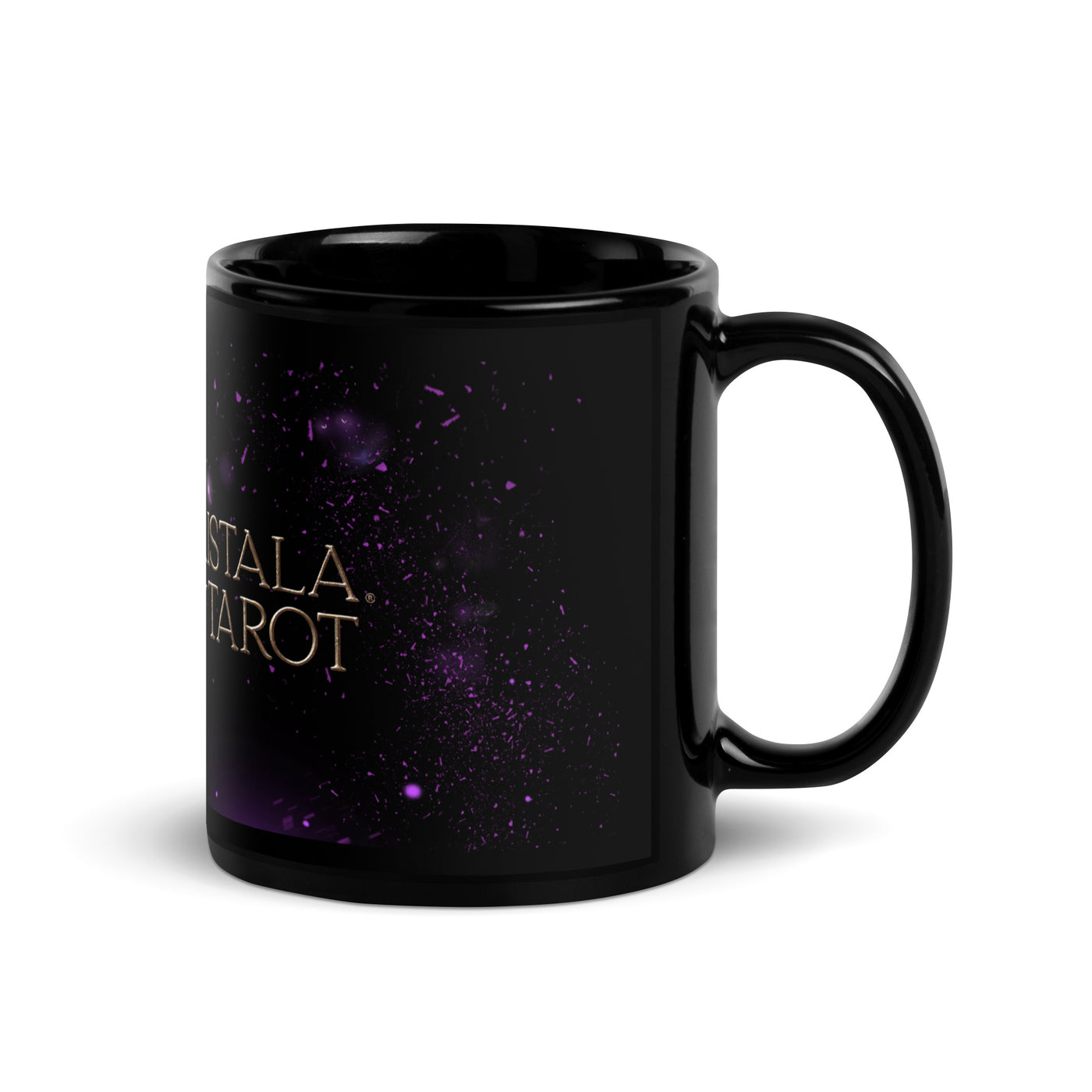 side view of black ceramic coffee mug tea or tea mug with glossy finish and kristala tarot golden logo and purple glowy particles