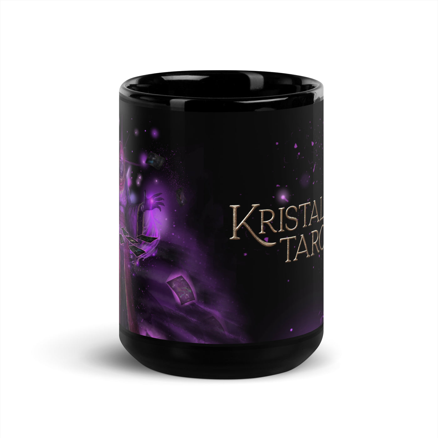 head-on front view of black ceramic coffe mug tea or tea mug with glossy finish and kristala tarot golden logo and inaze the cardkeeper tarot card spread graphic