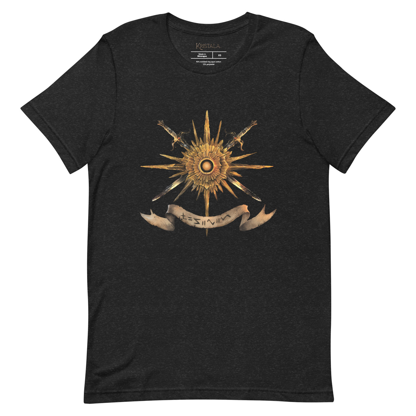 black heather shirt with a gold emblem with two swords going through it, and a banner that reads Lyumina