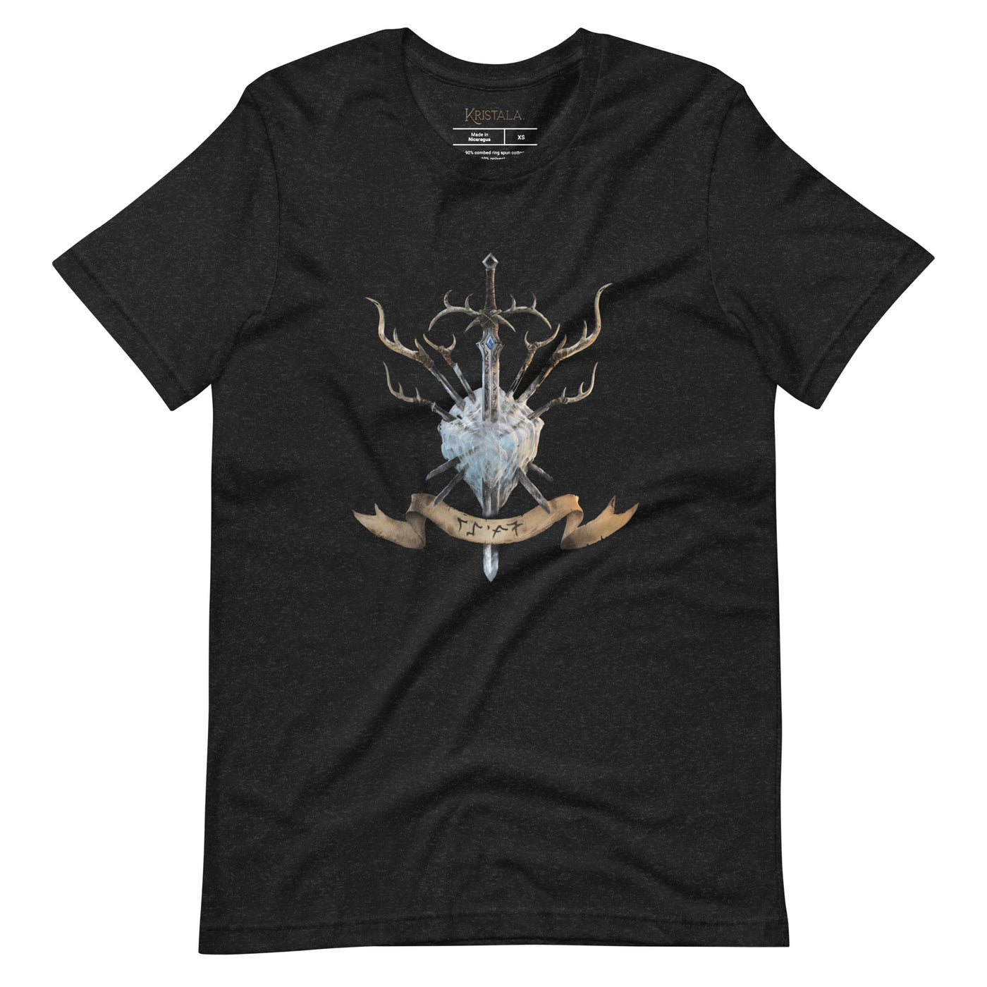 black heather shirt with a large block of ice that has a sword going through the middle of it and antlers on both sides. has a banner that reads Tandara