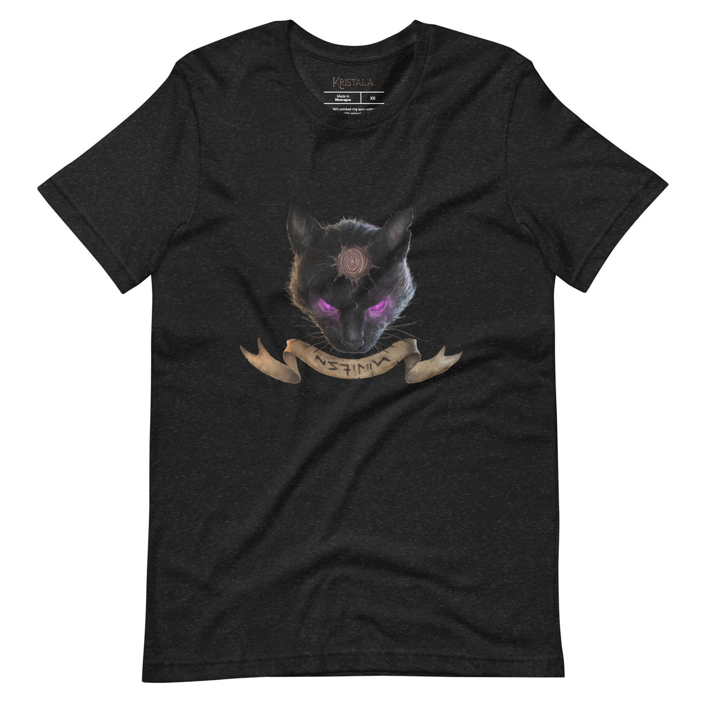 black heather shirt with a large black cat head that has a third eye, and a banner that reads Myrtuna