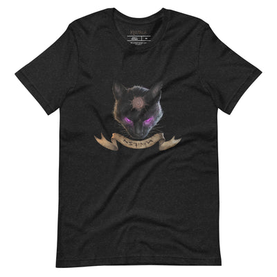 black heather shirt with a large black cat head that has a third eye, and a banner that reads Myrtuna