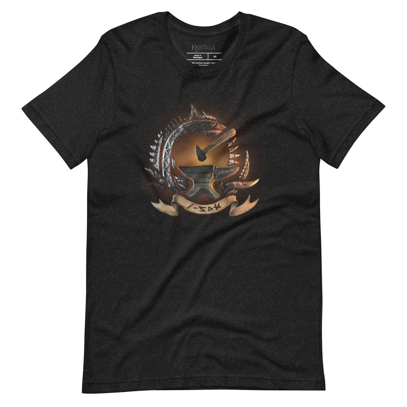 black heather shirt with an anvil and hammer, and an intricate metal frame around them, also has a banner that reads Keoza