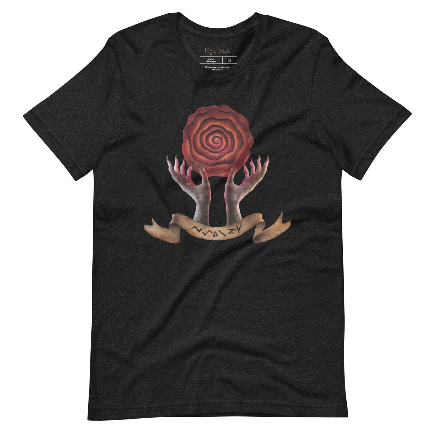 black heather shirt with two hands holding a red swirly orb, and a banner that reads Sykomana 