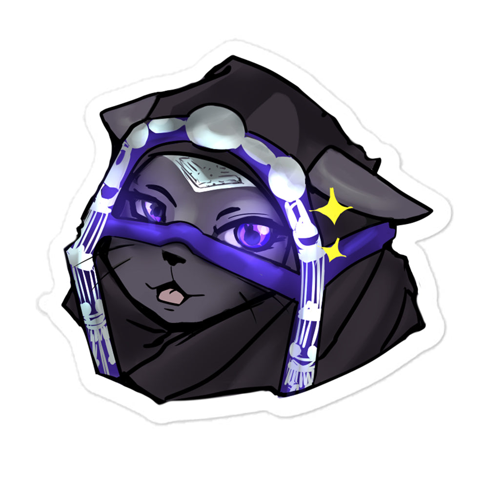 kiss-cut vinyl sticker featuring a smiling kawaii warrior cat design with purple eyes white background