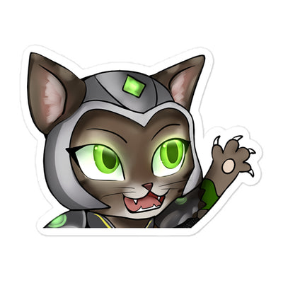 kiss-cut vinyl sticker featuring a waving kawaii warrior cat design with green eyes white background