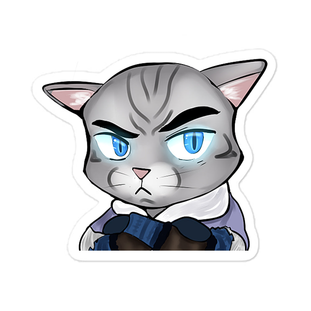 kiss-cut vinyl sticker featuring a grumpy kawaii warrior cat design with blue eyes white background