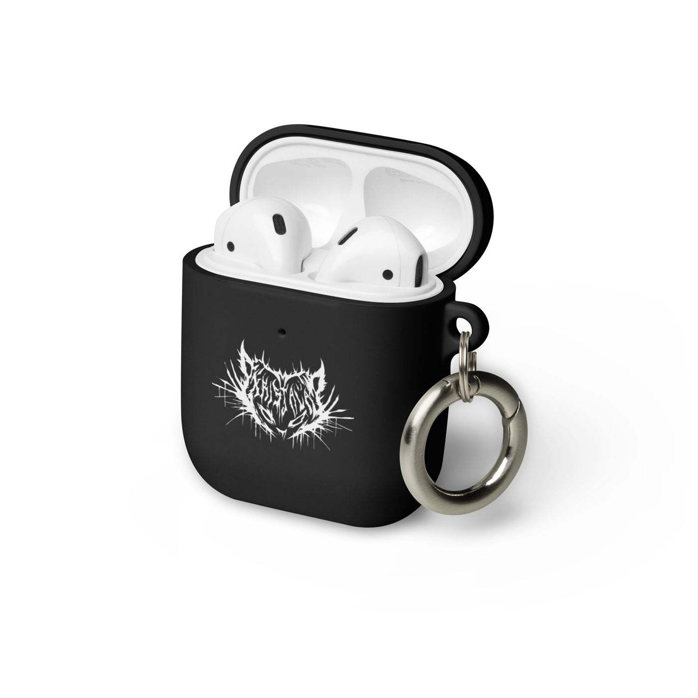 sleek matte black airpods case open with kristala x metal voices white cat logo and silver keychain attachment white background
