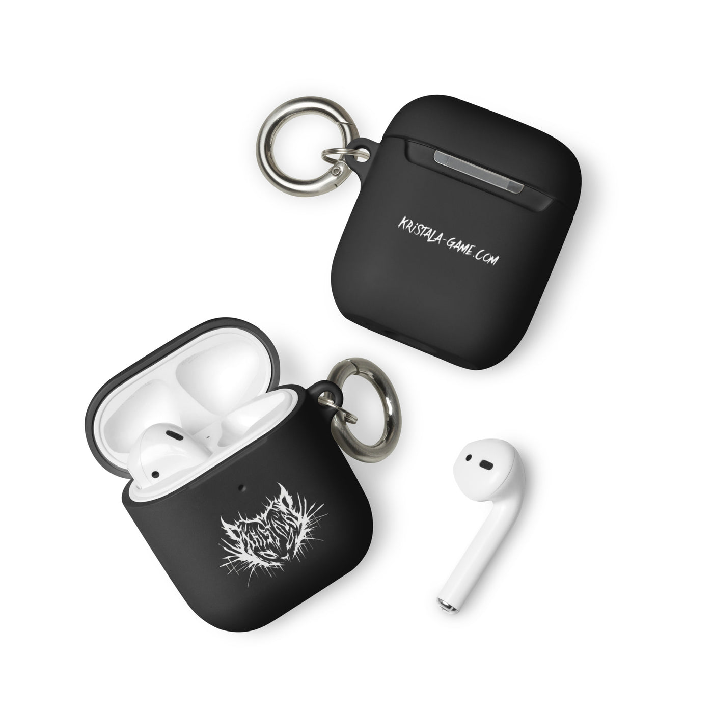two sleek matte black airpods case open front and back with kristala x metal voices white cat logo and silver keychain attachment white background