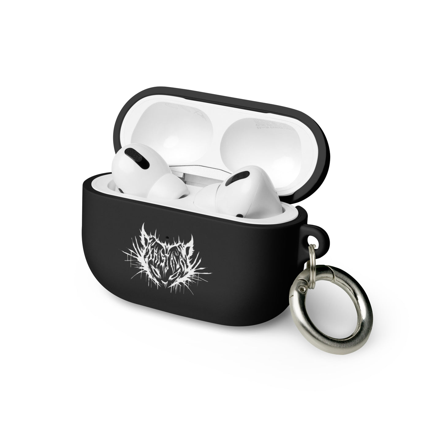 sleek matte black airpods pro case open with kristala x metal voices white cat logo and silver keychain attachment white background