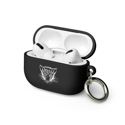sleek matte black airpods pro case open with kristala x metal voices white rat logo and silver keychain attachment white background