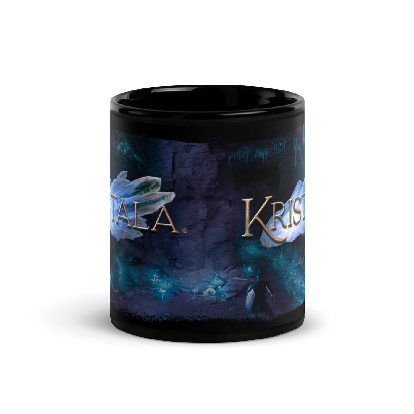 head-on front view of black ceramic coffe mug tea or tea mug with glossy finish and kristala game dark fantasy action rpg logo atop a cave crystal game illustration white background