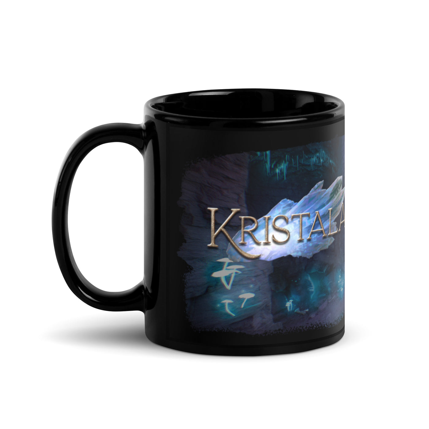 side view of black ceramic coffe mug tea or tea mug with glossy finish and handle facing left with kristala game dark fantasy action rpg logo atop a cave crystal game illustration white background