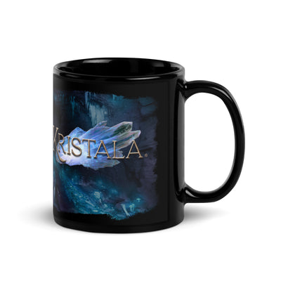 side view of black ceramic coffe mug tea or tea mug with glossy finish and handle facing right with kristala game dark fantasy action rpg logo atop a cave crystal game illustration white background