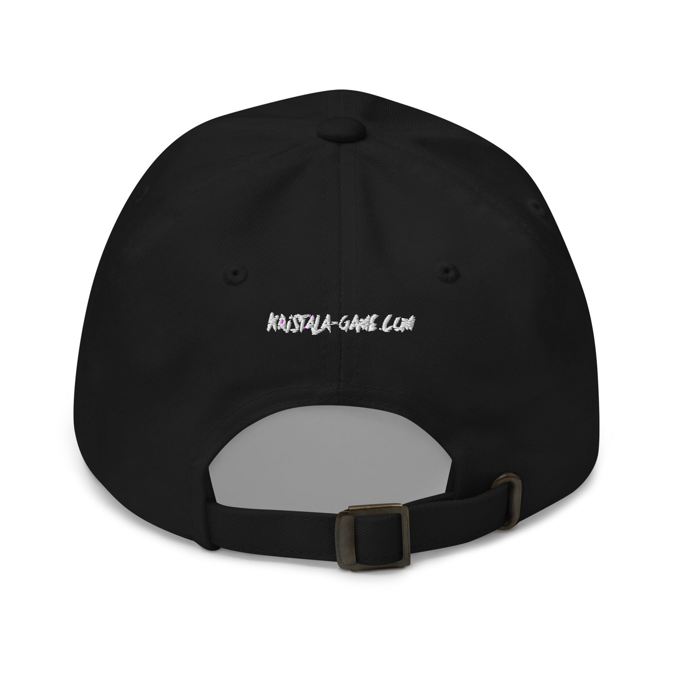 back view of black baseball hat dad cap with kristala x metal voices white kristala-game.com website url white background