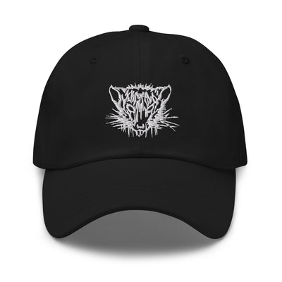 front view of black baseball hat dad cap with kristala x metal voices white rat logo white background