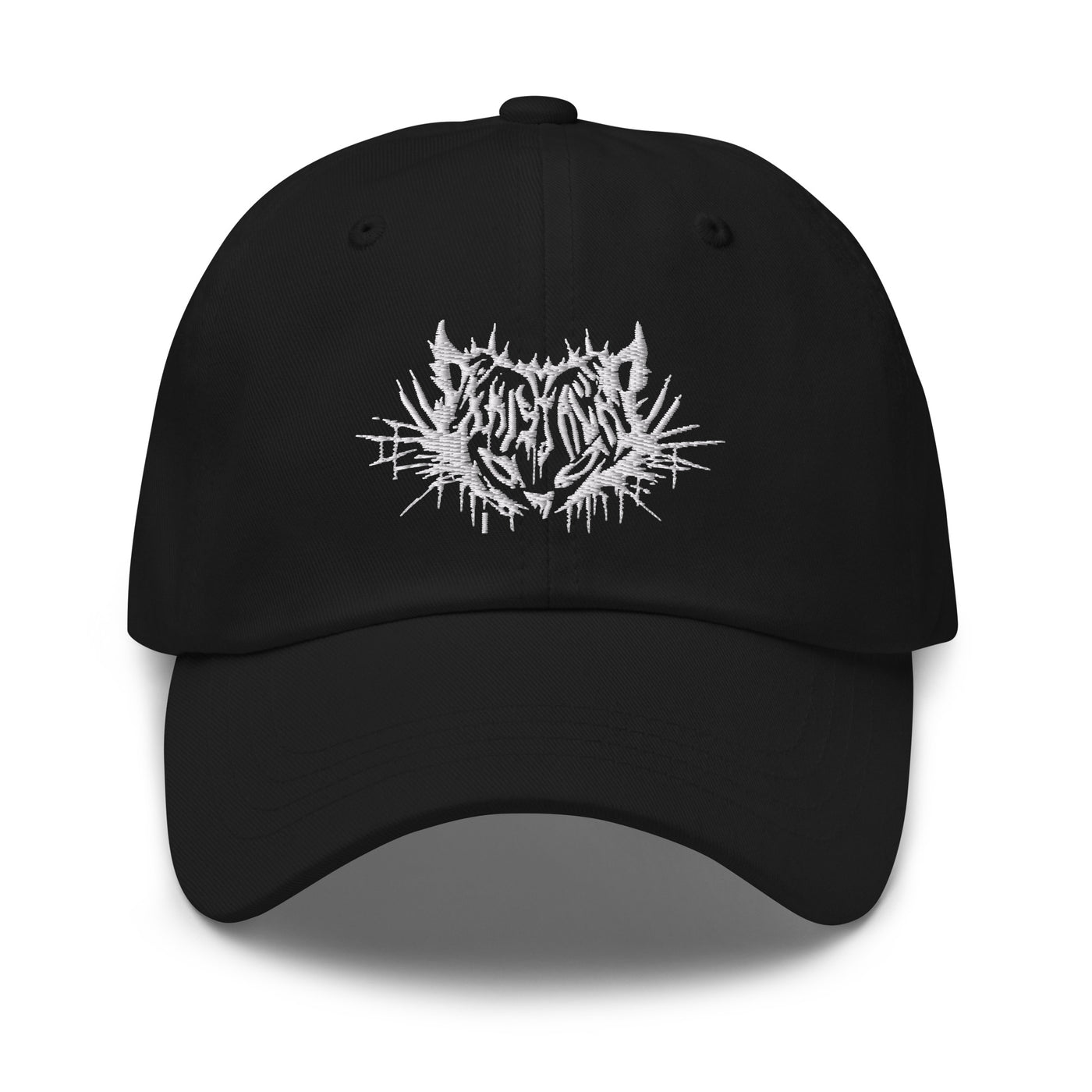 front view of black baseball hat dad cap with kristala x metal voices white cat logo white background