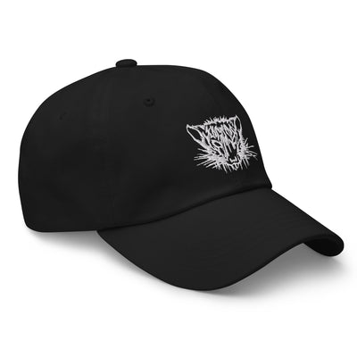 side view of black baseball hat dad cap with kristala x metal voices white rat logo white background