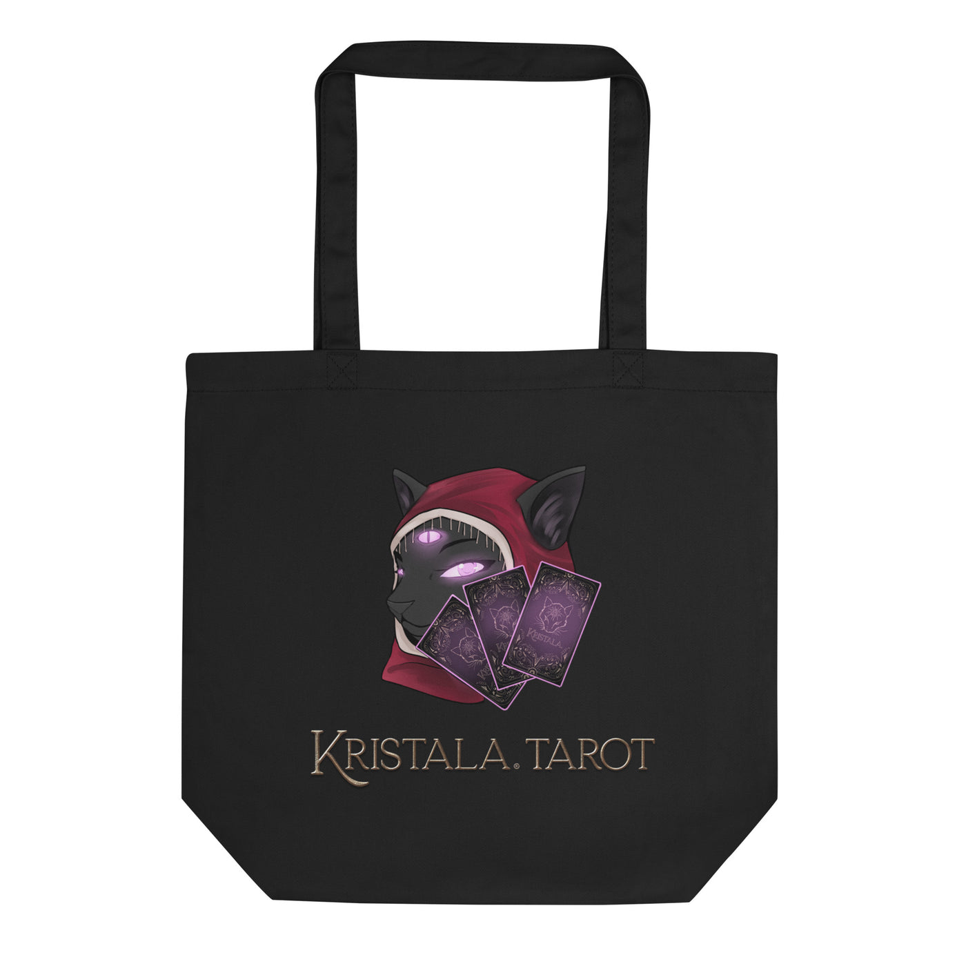 front view of black canvas tote bag with kristala tarot inaze the cardkeeper tarot card design and kristala tarot logo white background