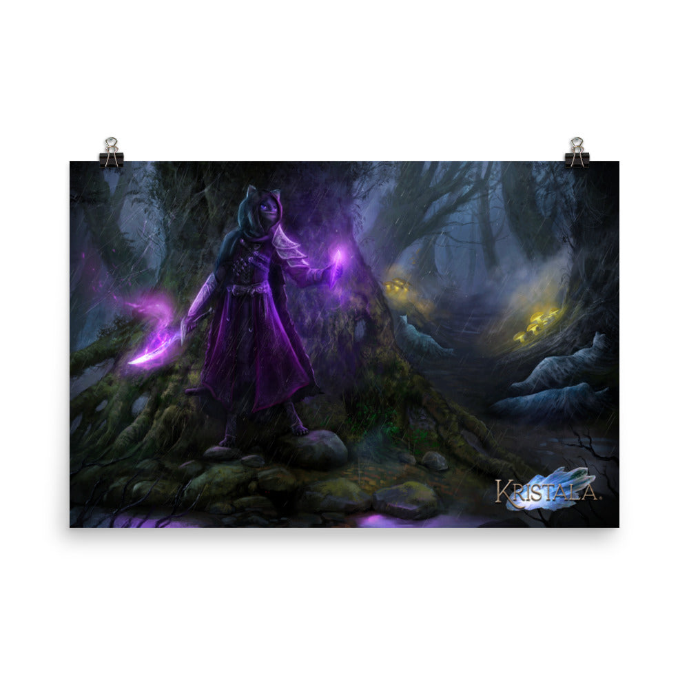 head-on view of high-quality matte poster printed with kristala game dark fantasy "levida's quest" illustration hung with two black clips white background