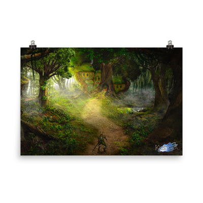 head-on view of high-quality matte poster printed with kristala game dark fantasy "hermitage" illustration hung with two black clips white background