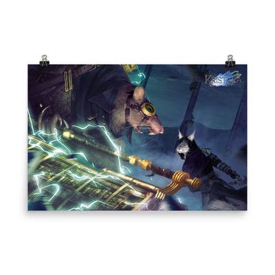 head-on view of high-quality matte poster printed with kristala game dark fantasy "executioner" illustration hung with two black clips white background