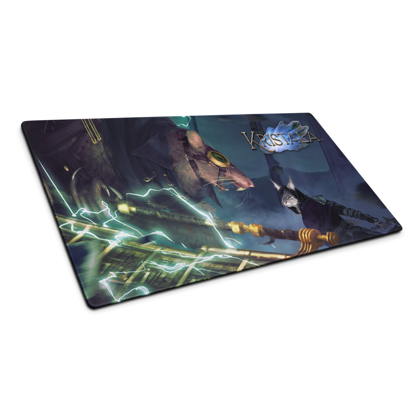 tilted front view of large, no-slip gaming mouse pad with kristala game dark fantasy illustration executioner boss fight graphic black mousepad base white background