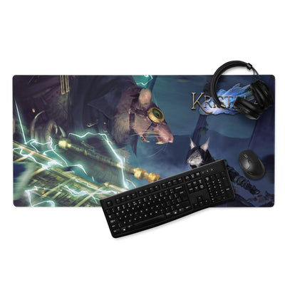 head on front view of large, no-slip gaming mouse pad with kristala game dark fantasy illustration executioner boss fight graphic black mousepad base with black computer keyboard and gaming headset and wireless mouse on top white background