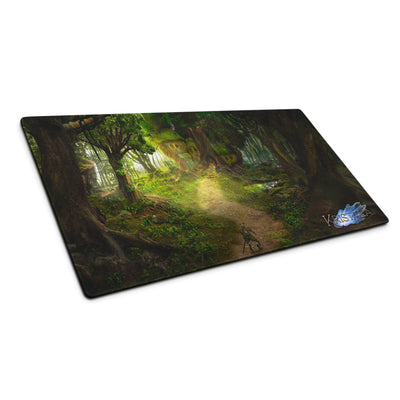 tilted front view of large, no-slip gaming mouse pad with kristala game dark fantasy illustration hermitage forest graphic black mousepad base white background