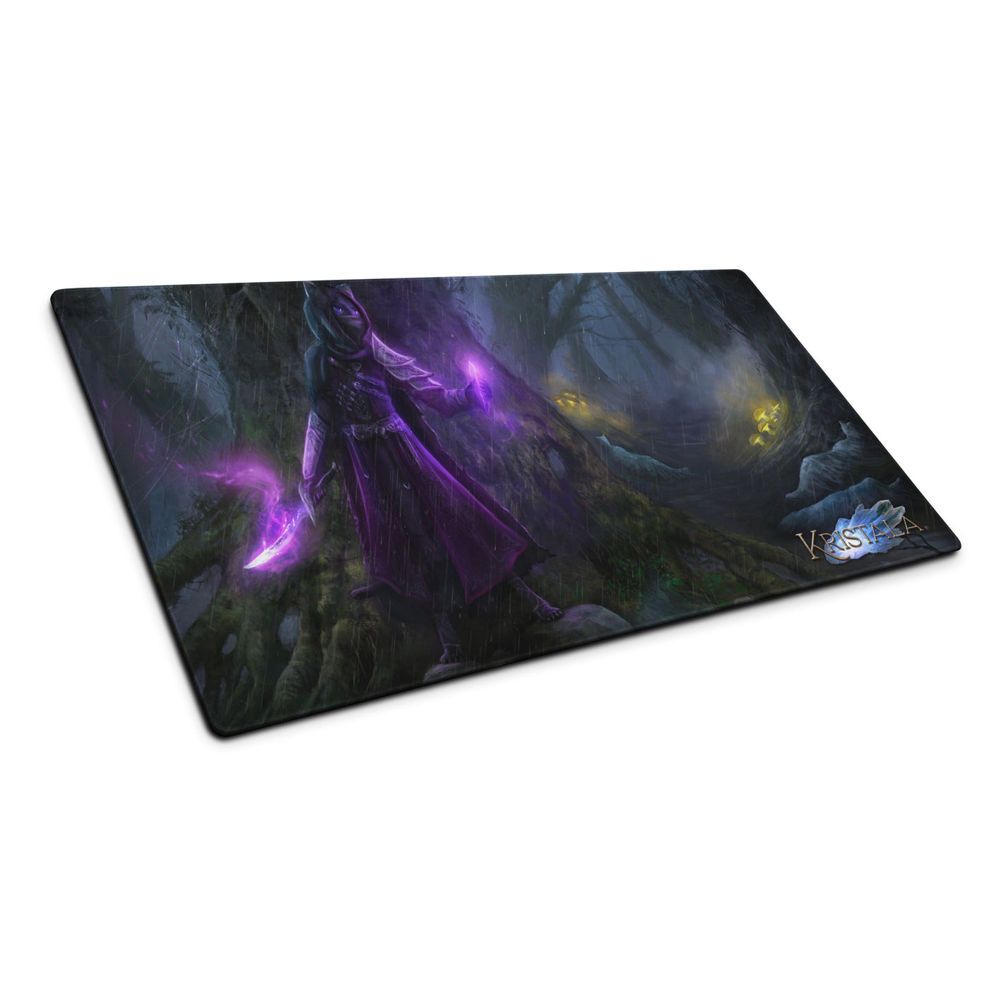 tilted front view of large, no-slip gaming mouse pad with kristala game dark fantasy illustration levida's quest graphic black mousepad base white background