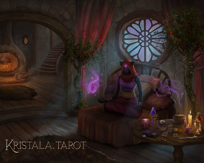 kristala game concept art with meditating cat inaze the cardkeeper in her quarters and kristala tarot golden logo across the bottom left white background