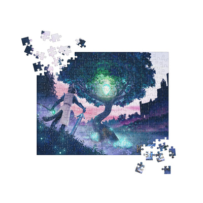 small multicolored jigsaw puzzle in progress with kristala game promotional artwork featuring a warrior cat standing in front of a giant crystal tree white background