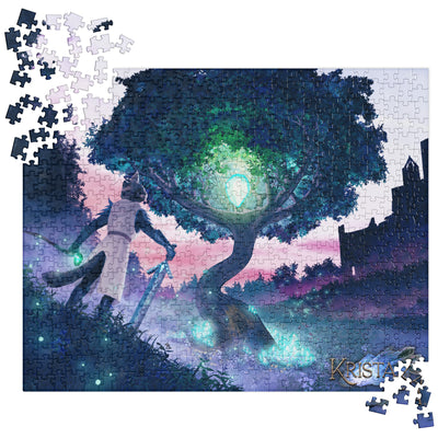 large multicolored jigsaw puzzle in progress with kristala game promotional artwork featuring a warrior cat standing in front of a giant crystal tree white background