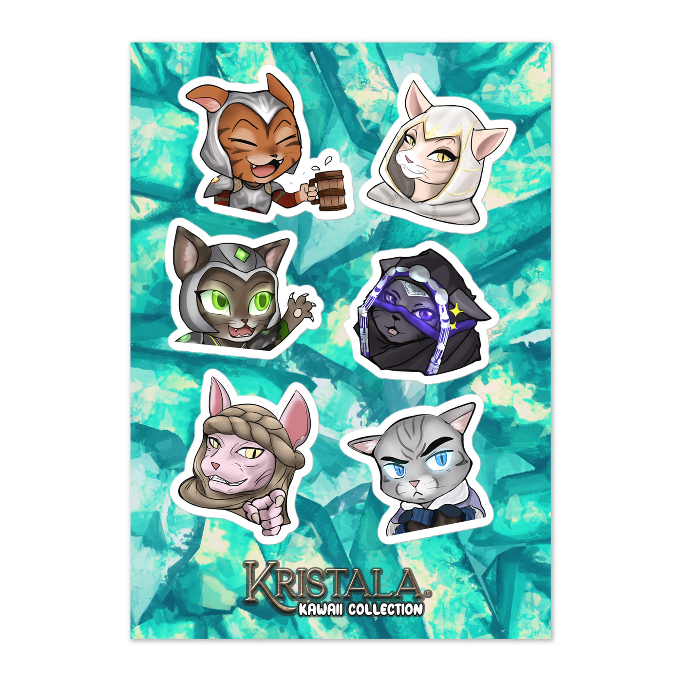 head-on front view of sticker sheet printed with all six kristala kawaii character sticker designs atop a teal crystal patterned backing sheet printed with the kristala kawaii collection logo at the bottom center white background