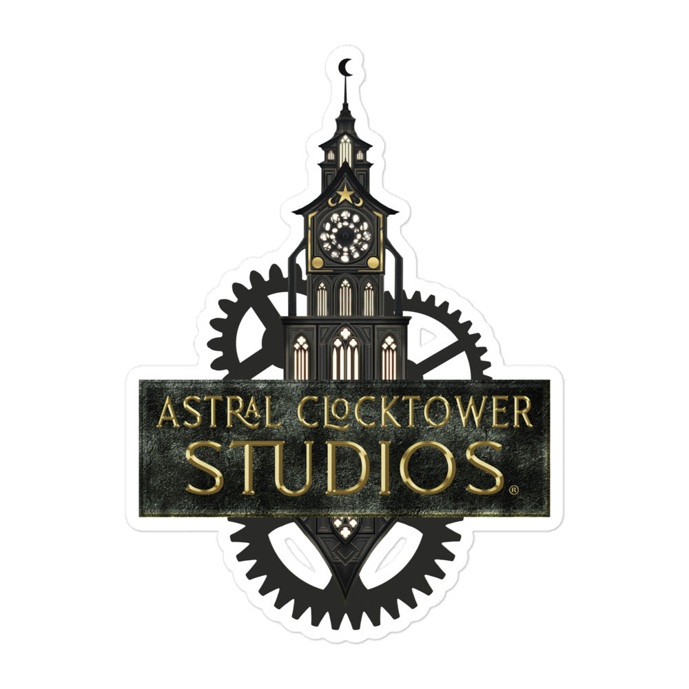 large vinyl kiss cut sticker featuring astral clocktower studios clock tower logo with gold font white background